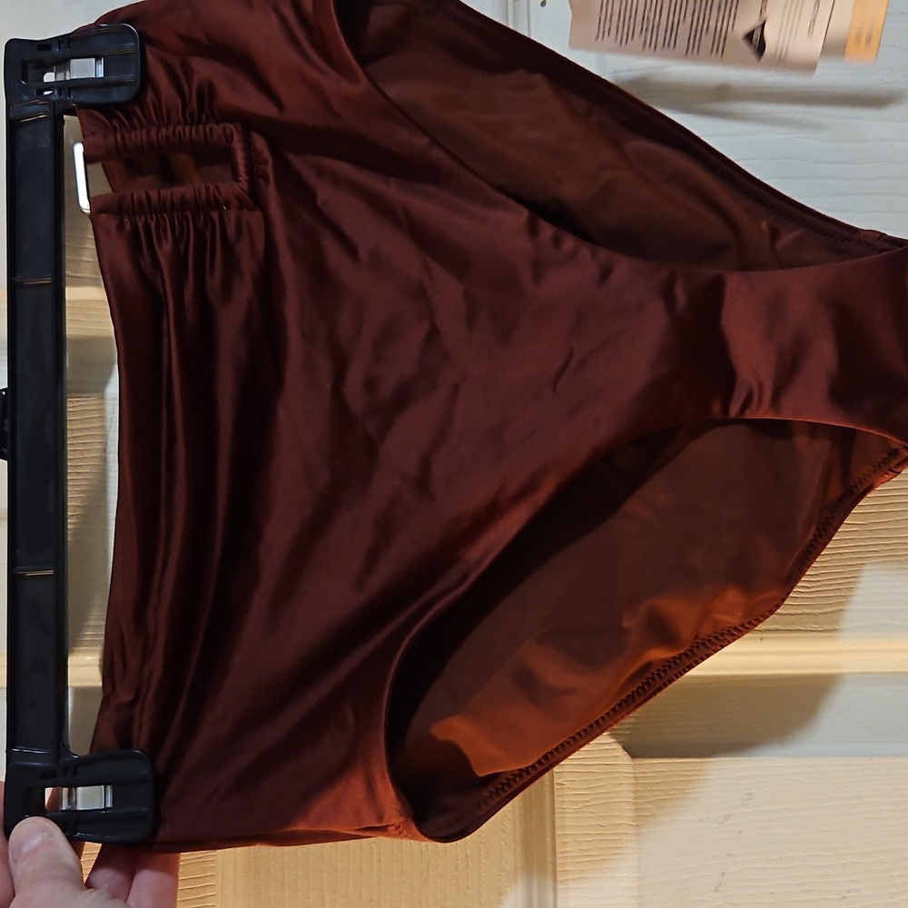 CALIA Women's Asymmetrical Rectangle Trim Swim Bottom: RED BROWN SHINE: NWT: XS